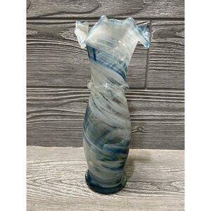 Hand Blown Glass Vase Blue White Green Swirl Irregular Rim 8.5” Midcentury